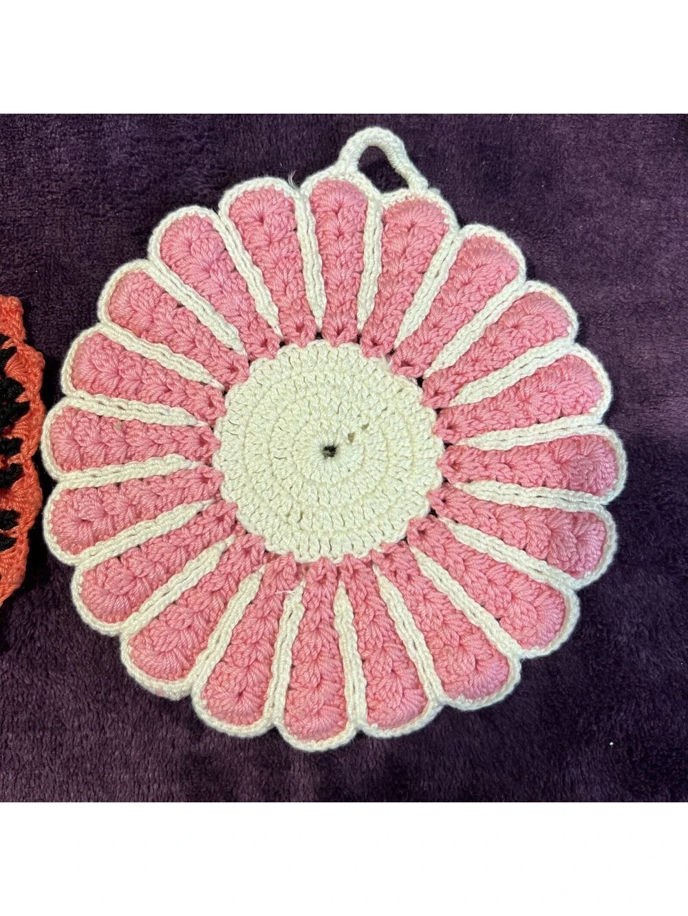 Vintage Handmade Crocheted Pot Holder Doily White Pink & Orange Green 5 1/2